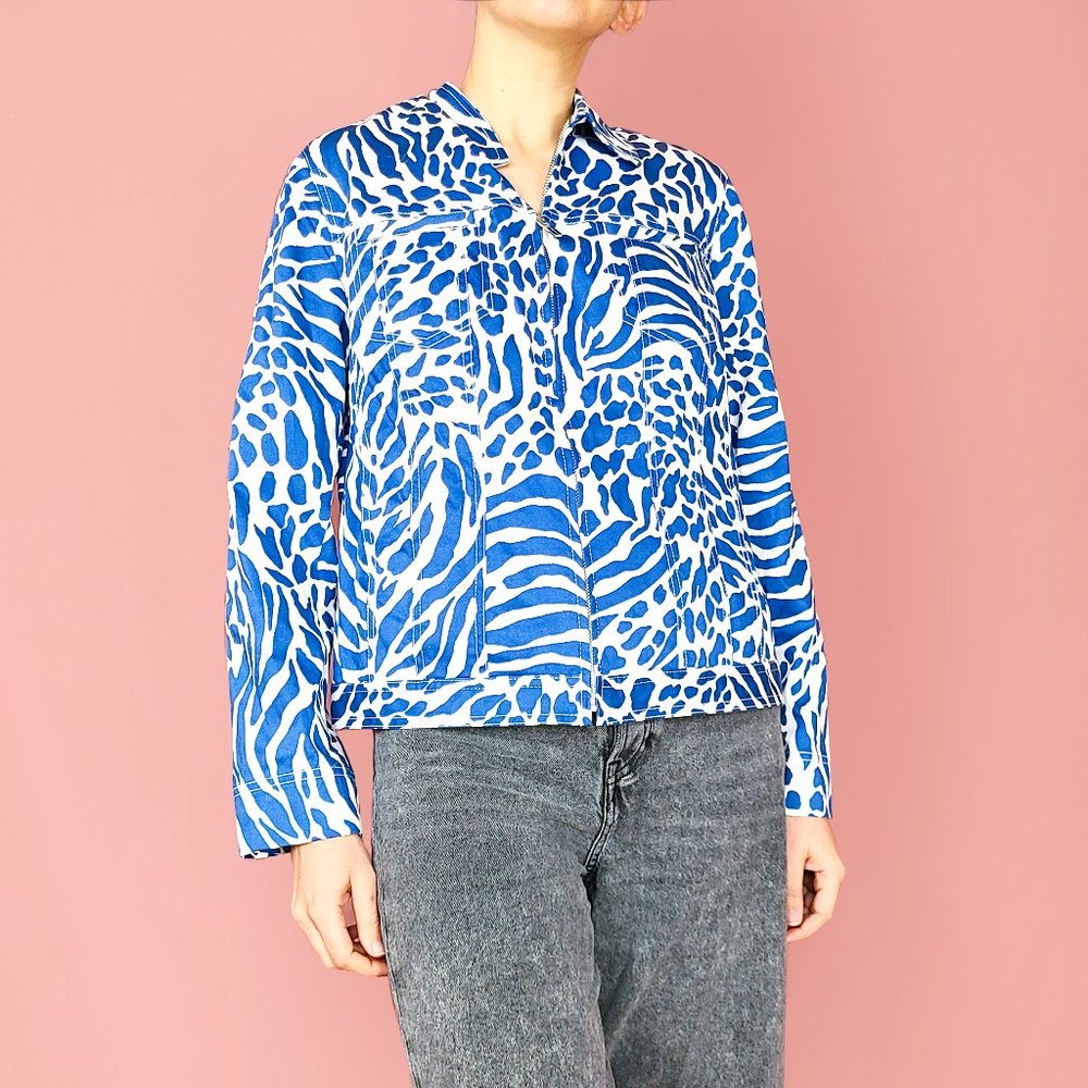 Jones New York Santa Ana stretch jacket in white and blue zebra print NWT